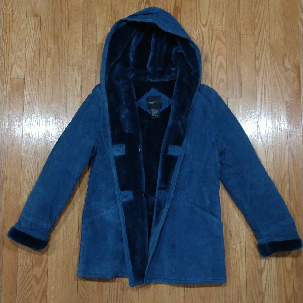 SEQUENCE Women Coat Jacket Blue Suede Leather